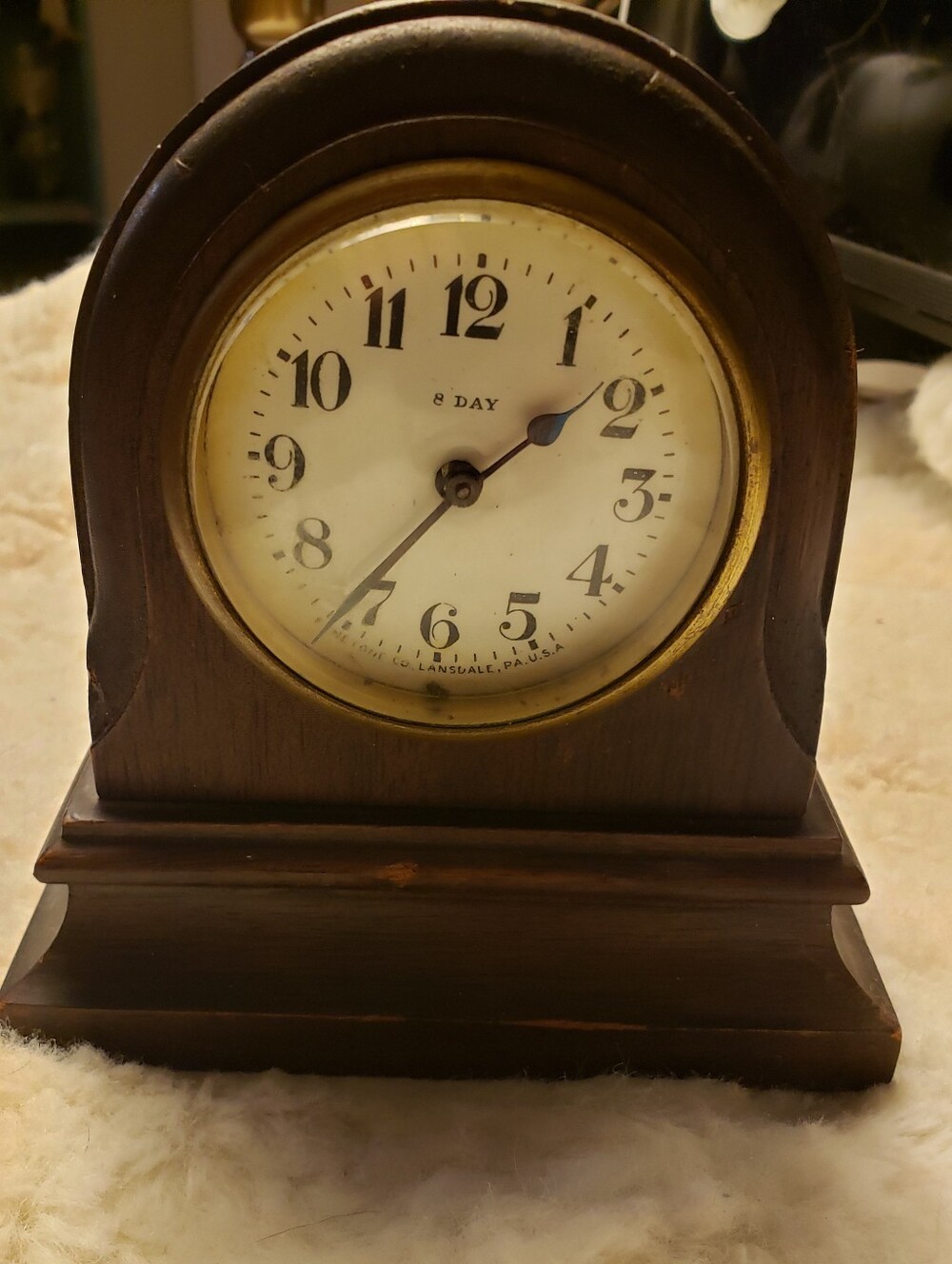 Antique Fynetone Co 8 Day Wooden Mantel Clock All Brass Movement Lansdale PA